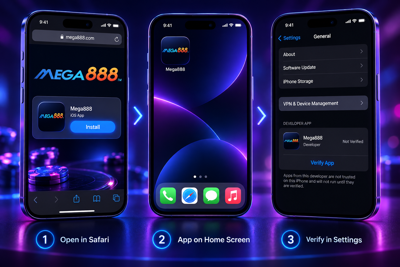 Tiga langkah iOS yang digambarkan: buka pemasangan dalam Safari, cari aplikasi Mega888 dan sahkan pembangunnya dalam Tetapan