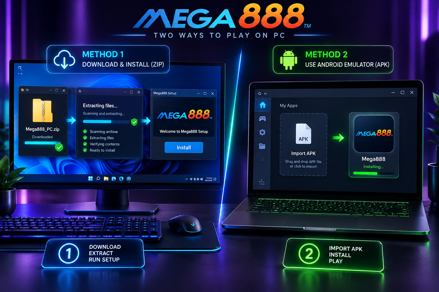 Dua laluan PC Windows yang digambarkan: pasang pakej yang disahkan atau import APK Mega888 ke dalam emulator Android