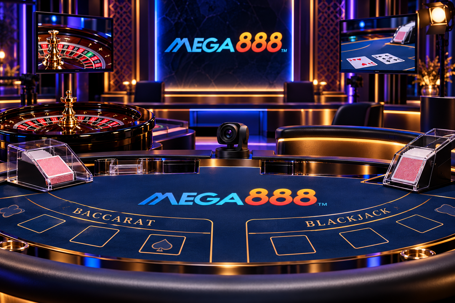 Studio kasino langsung berjenama Mega888 dengan kamera meja, kad dan rolet