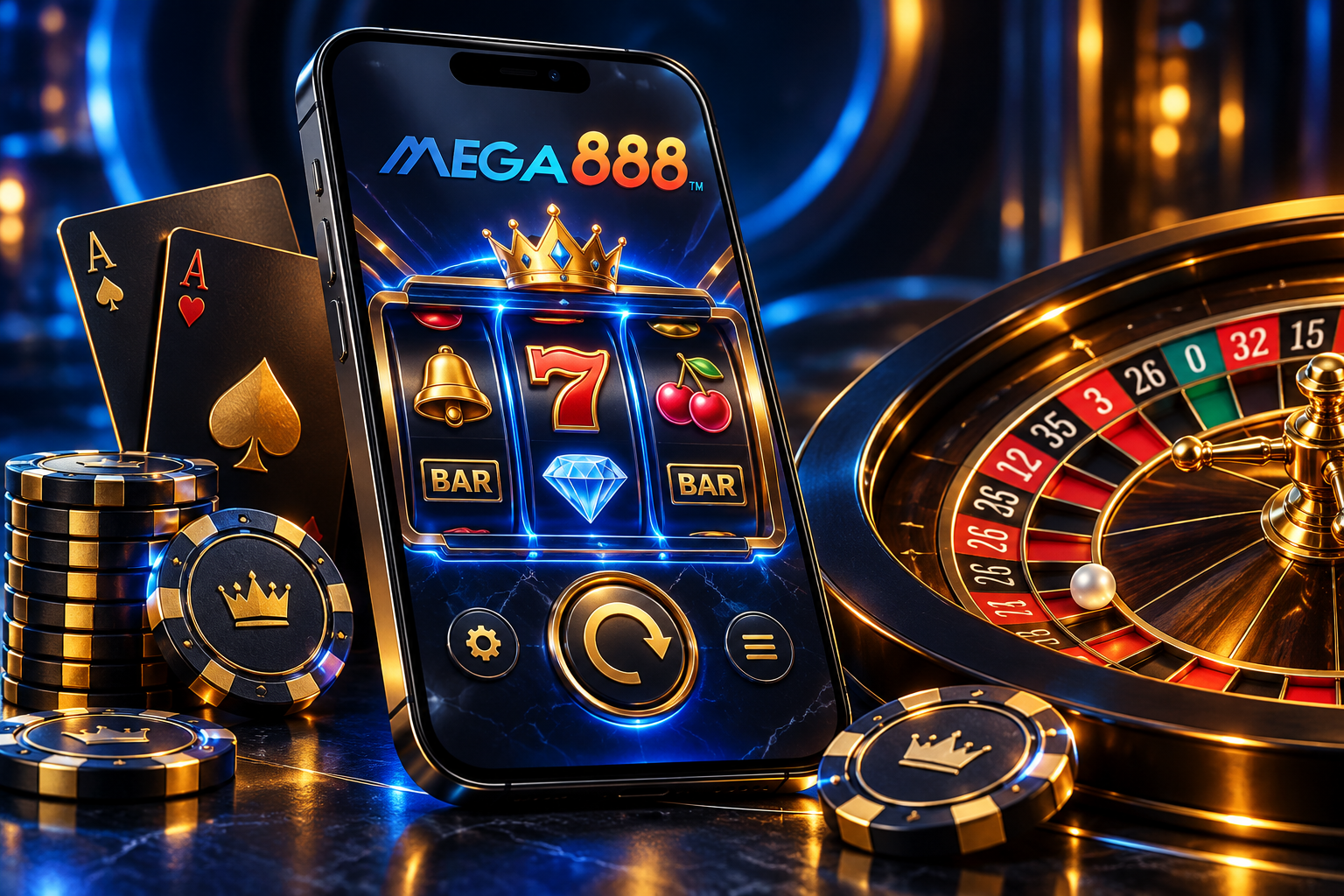 Ilustrasi kasino Mega888 dengan telefon pintar, slot, kad permainan dan rolet