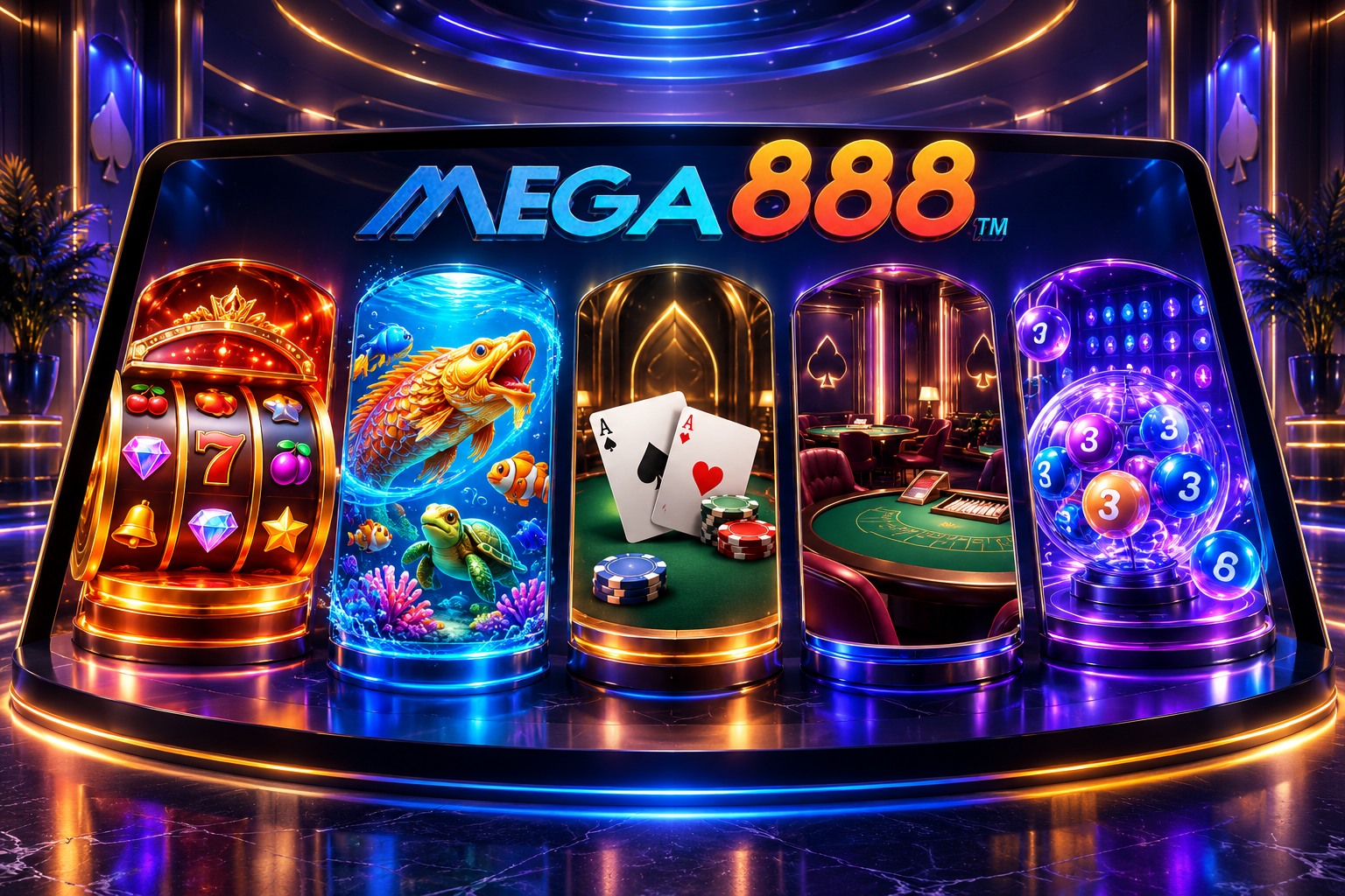 Lobi permainan Mega888 dengan slot, permainan memancing, permainan meja dan kategori kasino langsung