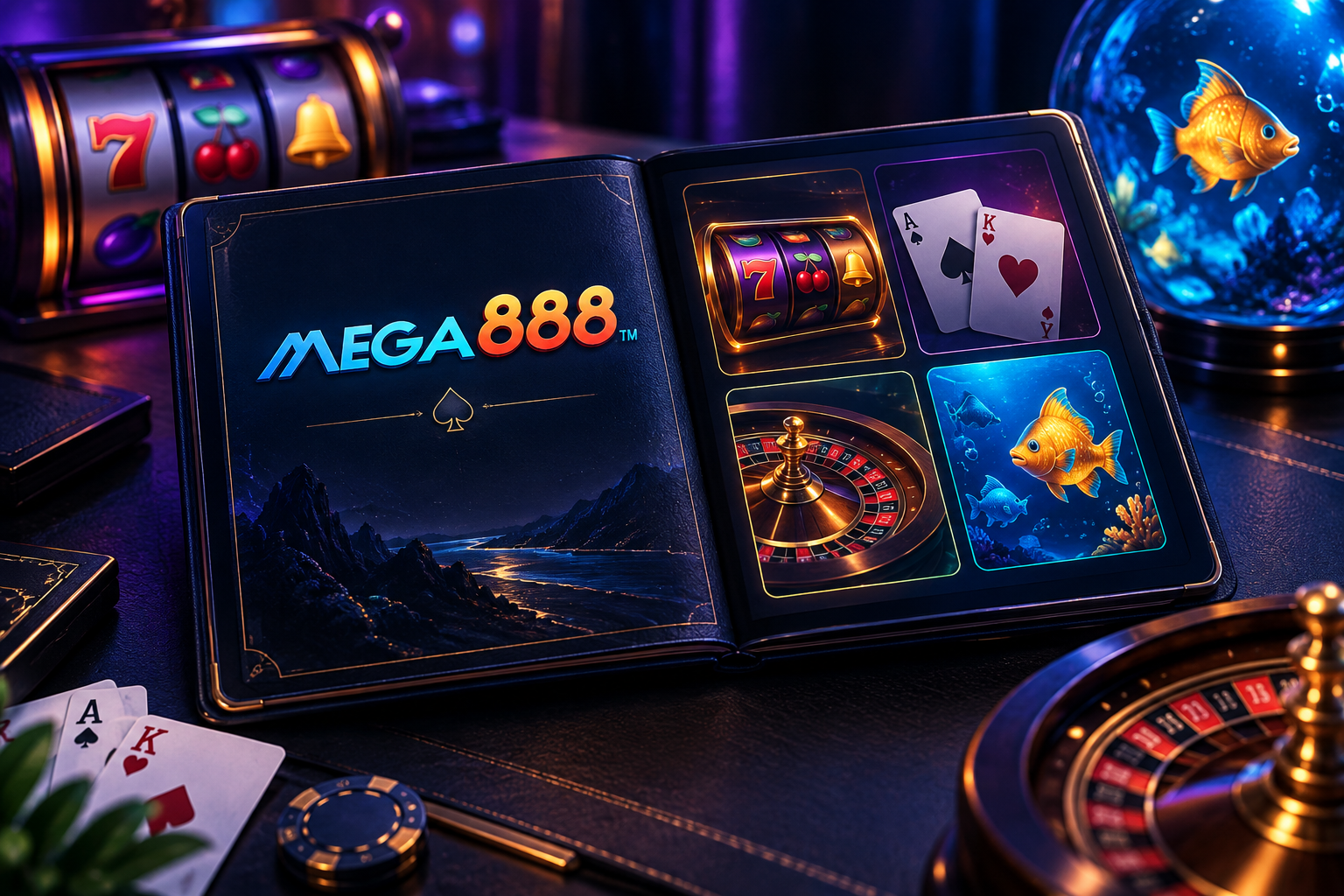 Mega888 Playbook mempersembahkan slot, permainan meja, rolet dan permainan memancing
