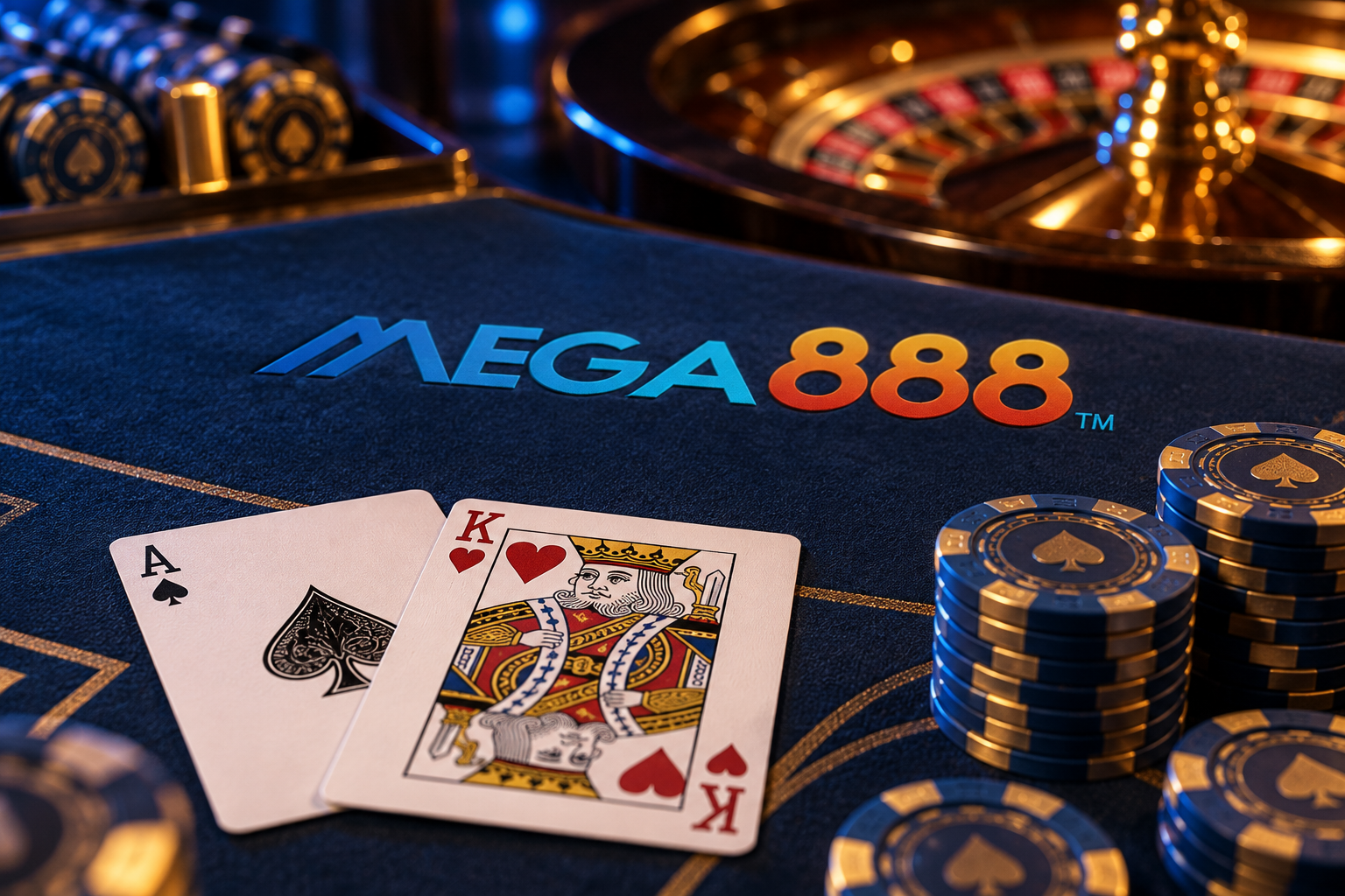 Logo Mega888 pada meja kasino dengan kad permainan dan cip