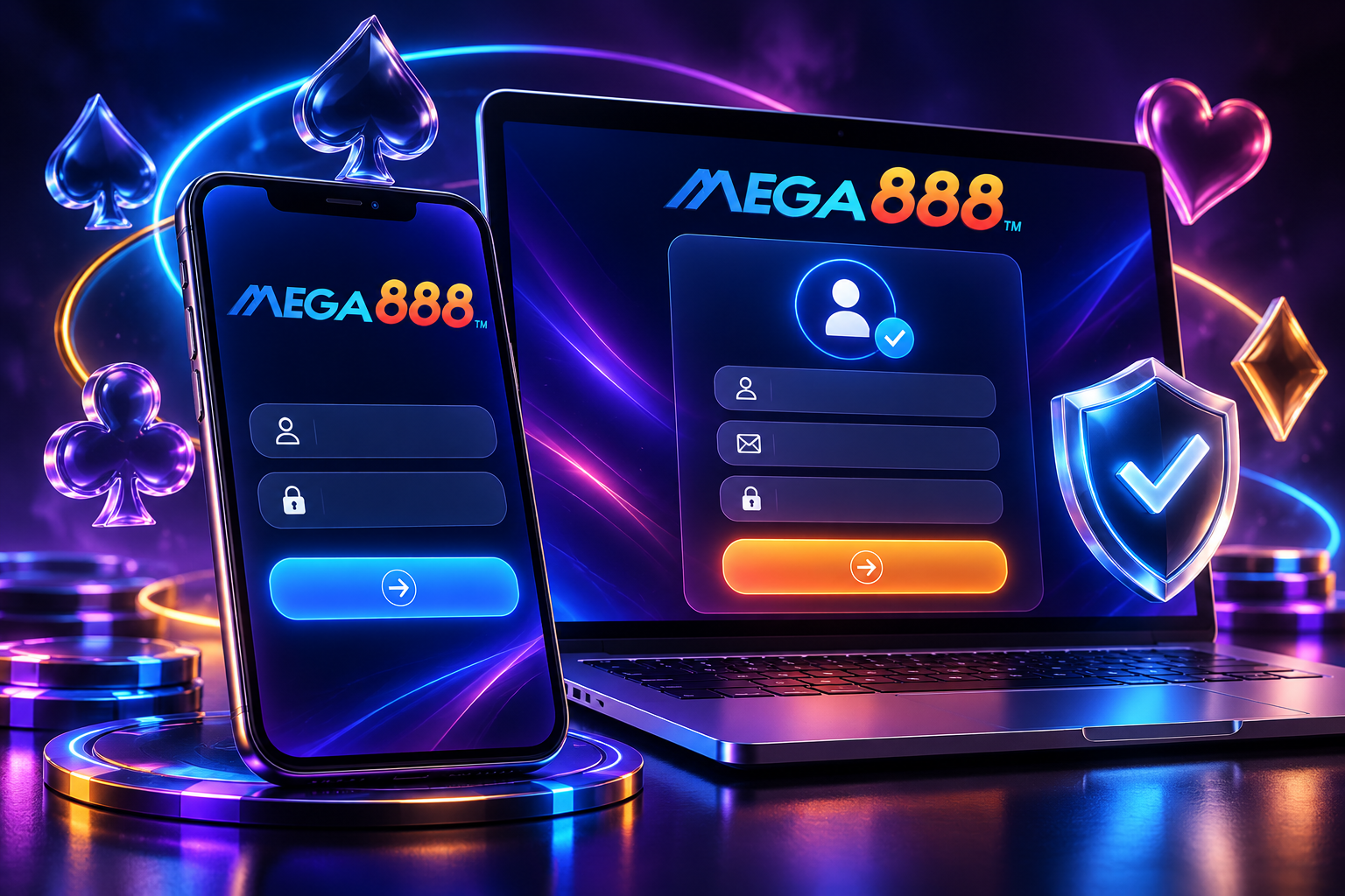 Log masuk dan pendaftaran Mega888 ditunjukkan pada telefon dan komputer riba