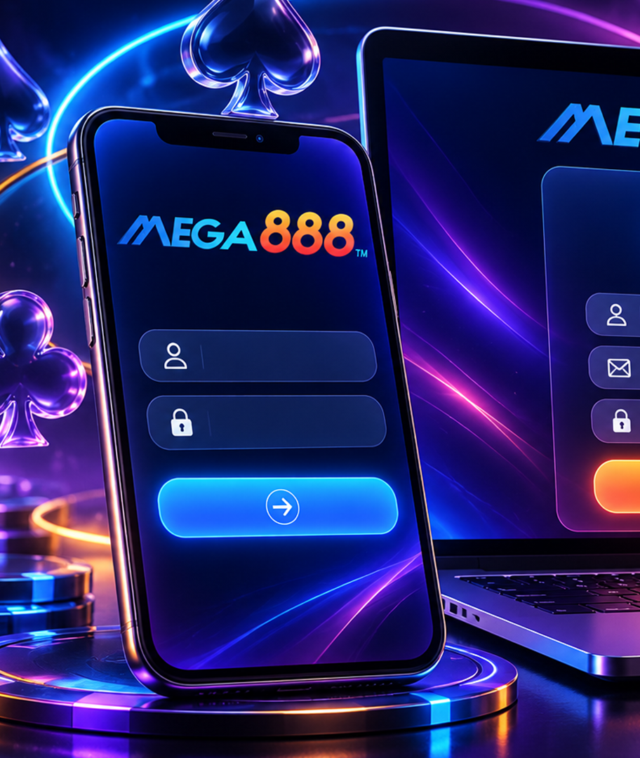 Skrin log masuk Mega888 pada telefon pintar di sebelah komputer