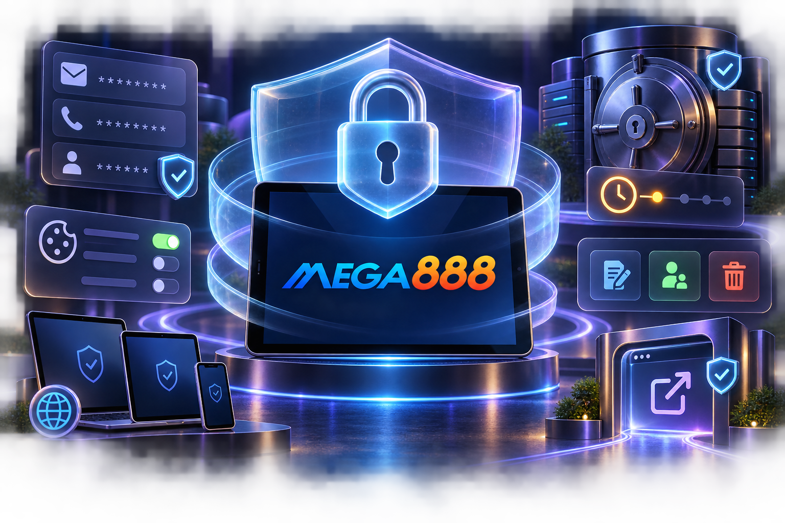 Kawalan privasi Mega888 dengan data selamat, kuki, pengekalan dan simbol hak pengguna