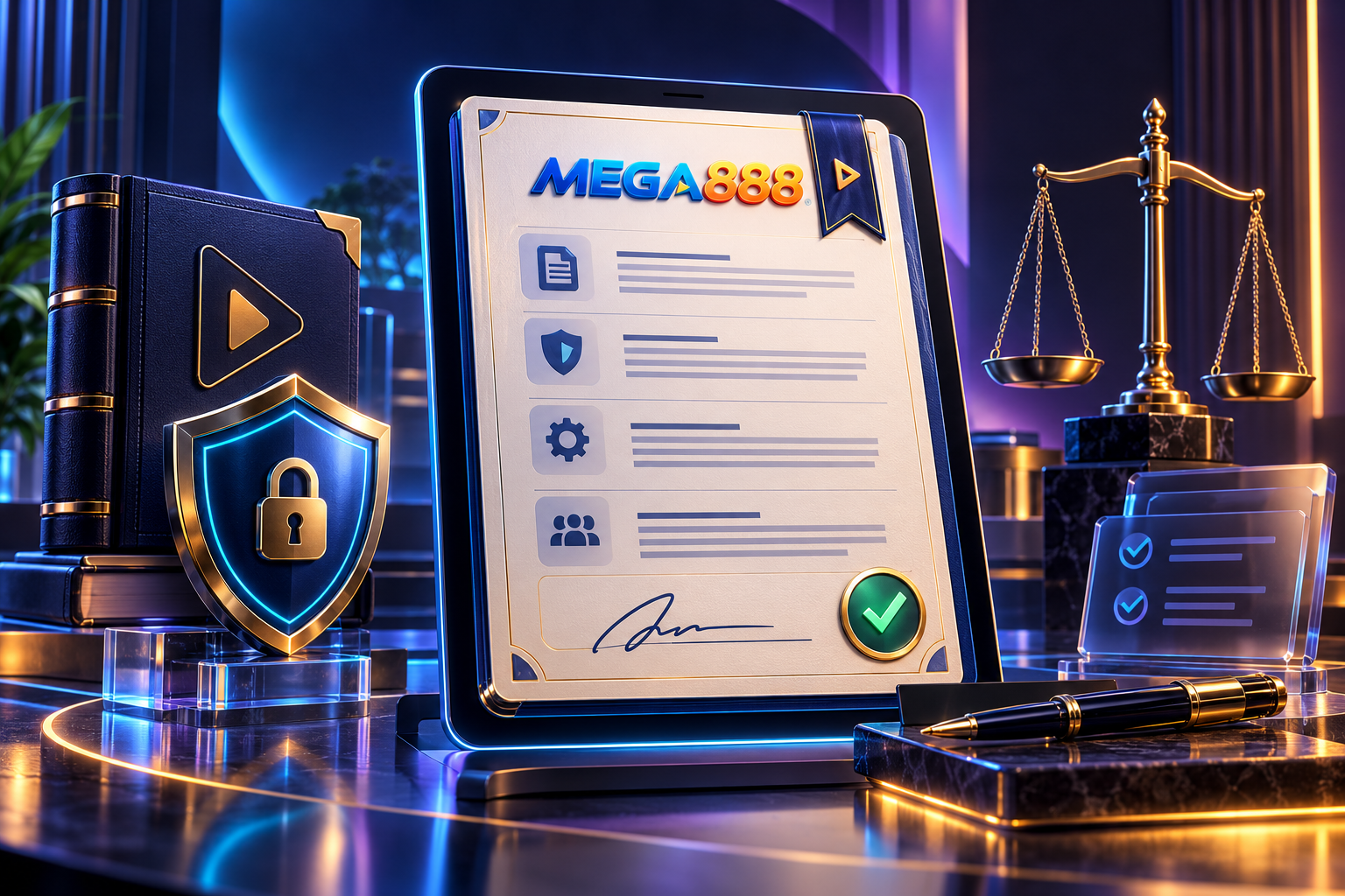 Dokumen syarat Mega888 Playbook dengan simbol perjanjian, keselamatan dan baki undang-undang