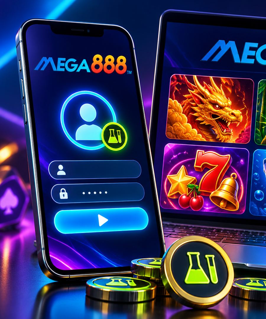 Skrin log masuk ID Ujian Mega888 di sebelah lobi permainan demo
