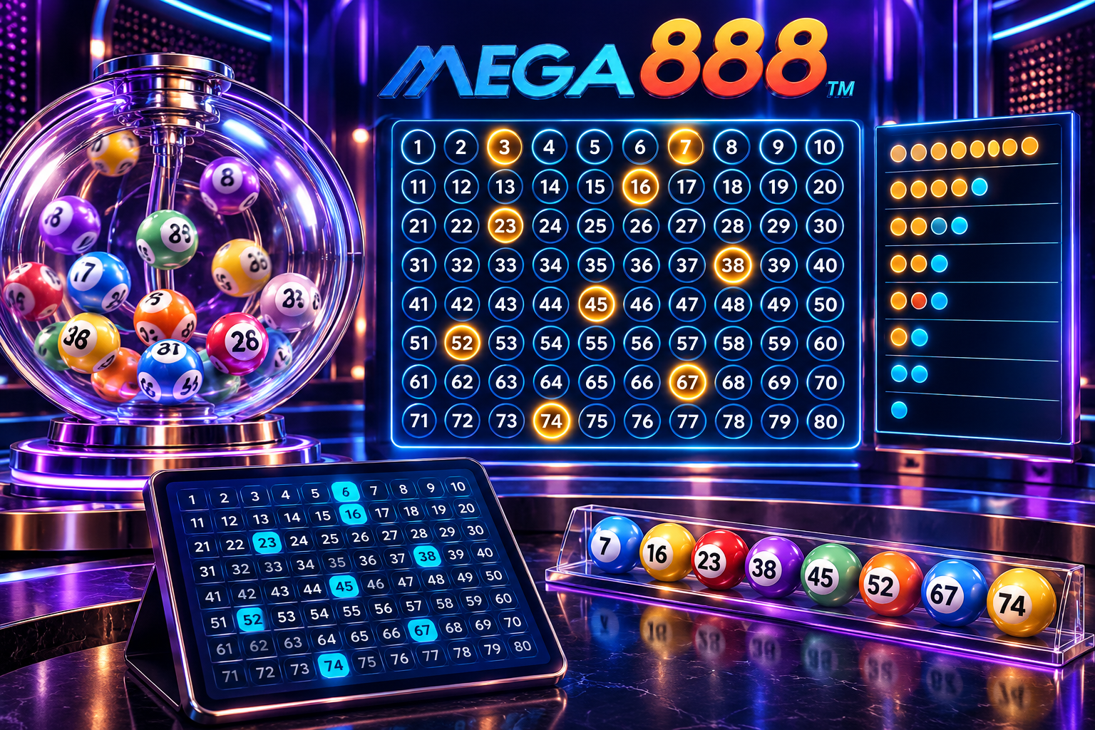 Papan nombor Mega888 Keno, sfera cabutan dan pemilihan tiket