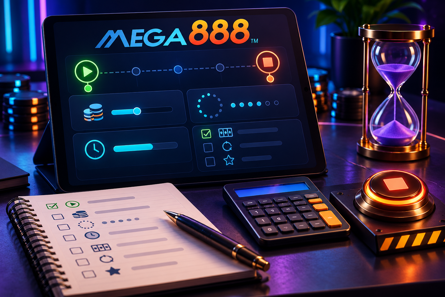 Rekod sesi Mega888 dengan pemasa, kalkulator, senarai semak dan kawalan henti