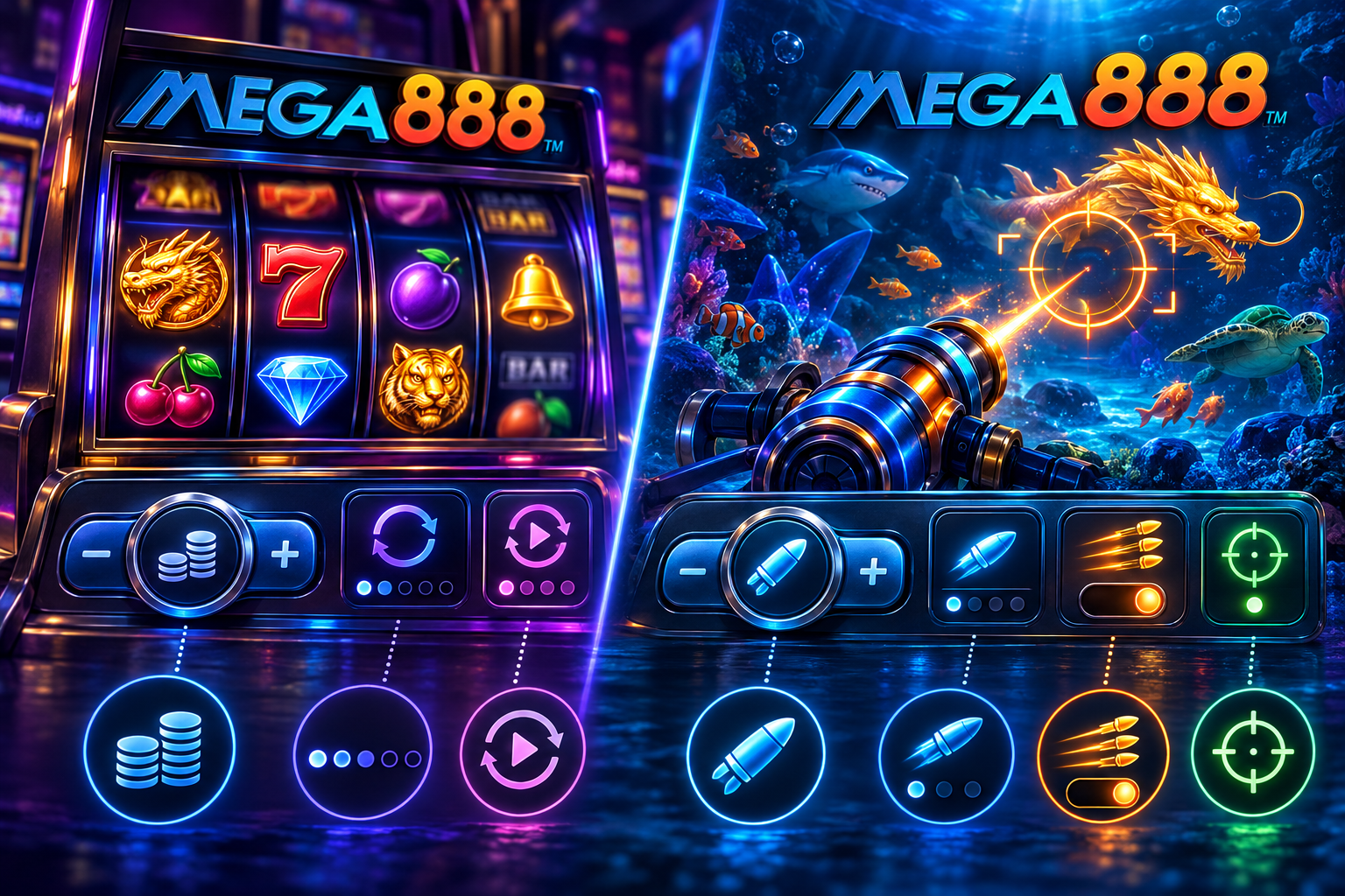 Slot Mega888 dan kawalan memancing untuk pancang, automain, tembakan dan kunci sasaran