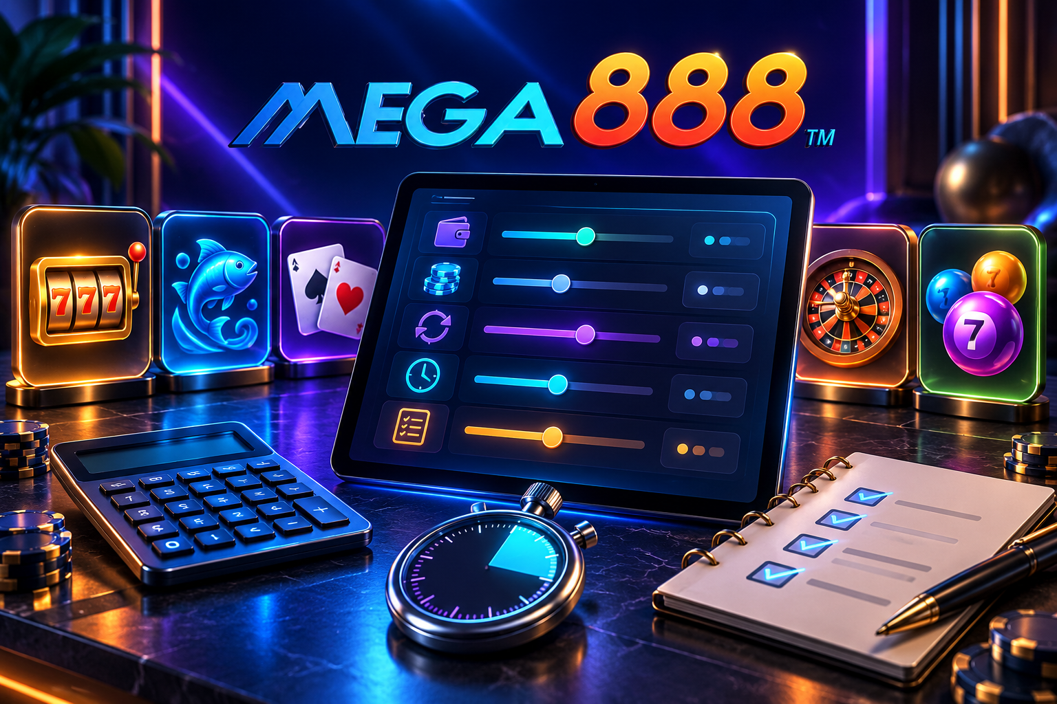 Papan pemuka perancangan sesi Mega888 dengan kalkulator, pemasa dan senarai semak