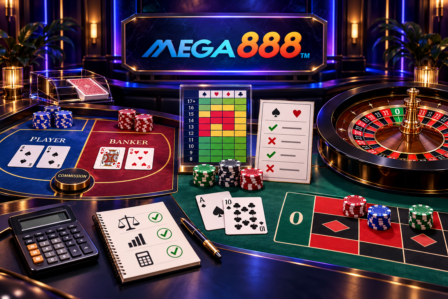 Mega888 bakarat, blackjack dan meja strategi rolet dengan semakan peraturan dan kalkulator